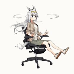  absurdres ahoge animal_ears blue_eyes brown_jacket chair ear_ornament female full_body green_skirt grey_background highres horse_ears horse_girl horse_tail jacket long_hair neonfloyd office_chair oguri_cap_(umamusume) shirt shoes simple_background sitting skirt smile sneakers solo spinning spinning_chair swivel_chair tail umamusume white_hair white_shirt 