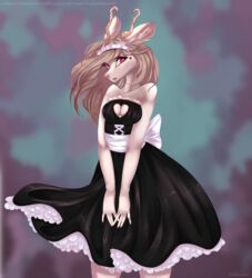  abstract_background absurd_res alternative_fashion anthro black_clothing black_dress bottomwear bow_ribbon breasts brown_hair cleavage cleavage_cutout clothed clothing clothing_lift cutout deer dress ero_lolita female frilly frilly_clothing goth gothic_lolita hair heart_symbol hi_res horn inner_ear_fluff j-fashion kuro_lolita laces lettie_(vixym) lolita_(fashion) long_ears long_hair looking_at_viewer maid_headdress maid_uniform mammal nikolkaart pink_body pink_eyes shy skirt skirt_lift solo strapless_clothing strapless_dress tuft uniform 