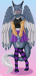  anthro avian blush bottomwear clothing female folded_wings gradient_background gryphon hi_res legwear looking_aside mythological_avian mythological_creature mythology polly-lolly shirt shoulderless_clothing simple_background skirt solo stockings topwear wings 