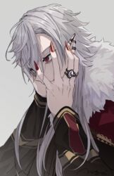  1boy earrings fingernails fur_trim grey_background grey_hair hands_on_own_face highres jewelry kuzuha_(nijisanji) long_fingernails long_hair male_focus mogayama nijisanji pointy_ears red_eyes red_nails ring sharp_fingernails simple_background solo upper_body vampire virtual_youtuber 