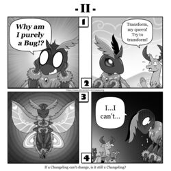  1:1 alternate_species arthropod asking asking_self asking_why bodily_fluids changeling command dialogue english_text female flying_sweatdrops friendship_is_magic group hasbro hi_res insects lepidopteran male monochrome moth my_little_pony pharynx_(mlp) queen_chrysalis_(mlp) question species_in_dialogue speech_bubble sweat sweatdrop talking_to_another talking_to_self tears text thorax_(mlp) vavacung 