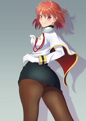  ass ass_focus commentary cosplay eyes_visible_through_hair female from_behind highres ibis_douglas kidou_senkan_nadesico looking_at_viewer looking_back misumaru_yurika misumaru_yurika_(cosplay) monta pencil_skirt red_eyes red_hair short_hair skirt super_robot_wars super_robot_wars_original_generation uniform 