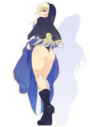  ass black_panties blonde_hair blue_dress blue_eyes blush clothes_lift dress dress_lift female from_behind goeniko habit highres lifting_own_clothes long_hair long_sleeves looking_at_viewer looking_back m.u.g.e.n nun panties shadow side-tie_panties simple_background solo svc_chaos tami_shichi the_king_of_fighters the_king_of_fighters_&#039;96 thong underwear white_background 