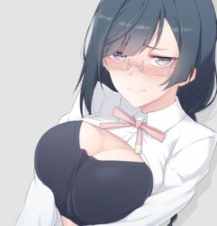  black_bra black_hair blush bra braid braided_ponytail breasts cleavage closed_mouth commentary_request female glasses grey_background grey_eyes jitome large_breasts looking_at_viewer love_live! love_live!_nijigasaki_high_school_idol_club love_live!_school_idol_festival_all_stars nakagawa_nana nasuno_(nasuno42) nijigasaki_school_uniform nose_blush pink_ribbon ribbon school_uniform semi-rimless_eyewear shrug_(clothing) simple_background single_braid solo under-rim_eyewear underwear upper_body white-framed_eyewear winter_uniform yuki_setsuna_(love_live!) 