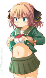  black_ribbon blue_eyes brown_hair clothes_lift cowboy_shot drawstring female green_jacket green_sailor_collar green_skirt groin hachijou_(kancolle) hair_ribbon jacket kantai_collection long_sleeves mouth_hold navel neck_ribbon one-hour_drawing_challenge pleated_skirt pom_pom_(clothes) ray.s red_ribbon ribbon sailor_collar school_uniform serafuku shirt_lift short_hair simple_background skirt smile solo white_background 