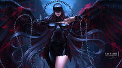  asymmetrical_clothes belt breasts chains demon_girl digimon digimon_(creature) english_commentary female gloves grey_hair helmet highres ladydevimon large_breasts lolliedrop long_hair looking_at_viewer mask outstretched_arms red_eyes shiny_clothes smirk solo torn_clothes very_long_hair wings 