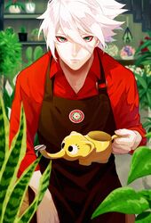  1boy alternate_costume apron bishounen black_apron blue_eyes closed_mouth employee_uniform fate/apocrypha fate_(series) florist flower fuka_(hk_nemo) garden gloves hair_between_eyes highres holding karna_(fate) karna_(flower_co-ordinator)_(fate) long_hair long_sleeves looking_at_viewer male_focus no_earrings pale_skin plant red_shirt shirt solo tree uniform upper_body white_hair 