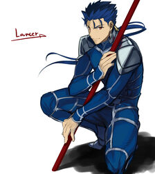  1boy armor beads blue_hair bodysuit closed_mouth cu_chulainn_(fate) cu_chulainn_(fate/stay_night) earrings fate/stay_night fate_(series) floating_hair gae_bolg_(fate) grin hair_beads hair_ornament holding holding_polearm holding_weapon jam8686 jewelry long_hair male_focus pauldrons polearm ponytail red_eyes shoulder_armor simple_background skin_tight smile solo spear spiked_hair squatting weapon white_background 