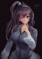  alternate_costume artist_logo brown_hair female finger_to_mouth grey_eyes hair_between_eyes haruto_(harut_n) high_side_ponytail kantai_collection long_sleeves looking_at_viewer one_eye_closed ponytail saratoga_(kancolle) side_ponytail sidelocks solo upper_body 