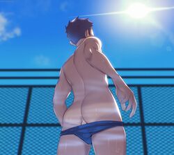  1boy ass back black_hair blue_male_underwear briefs cloud commentary day highres ibarakidoujin male_focus male_underwear male_underwear_pull nude original outdoors short_hair sky solo sunlight symbol-only_commentary thick_thighs thighs underwear 