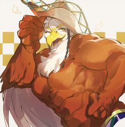  abs accipitrid accipitriform anthro avian beak bird brown_body brown_feathers clothing cowboy_hat eagle feathers green_eyes hat headgear headwear hi_res kaiko_003f lifewonders male muscular muscular_anthro muscular_male one_eye_closed pecs solo speedo swimwear thunderbird_(tas) tokyo_afterschool_summoners wink 