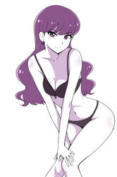  bakusai black_bra black_panties bra breasts cleavage closed_mouth collarbone earrings female hands_on_own_knees jewelry kirakira_precure_a_la_mode kotozume_yukari leaning_forward limited_palette long_hair looking_at_viewer medium_breasts panties precure purple_eyes purple_hair shiny_skin simple_background smile solo standing underwear underwear_only very_long_hair white_background 