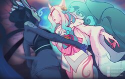  2girls ahri_(league_of_legends) animal_ears armor artist_name ass black_hair black_skin blurry blurry_background bow colored_skin evelynn_(league_of_legends) facing_another fox_ears fox_girl fox_tail from_below fur_trim glowing glowing_eyes green_bow green_hair highres japanese_clothes kimono league_of_legends leg_tattoo long_hair long_sleeves looking_at_another mask multicolored_hair multiple_girls no_eyes odeko_yma parted_lips pink_hair red_lips short_hair shoulder_armor spirit_blossom_ahri spirit_blossom_evelynn tail tattoo teeth two-tone_hair watermark wide_sleeves 