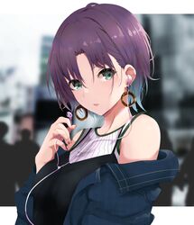  :o asakura_toru black_tank_top blue_eyes blue_jacket blurry blurry_background earbuds earphones earrings female highres hoop_earrings idolmaster idolmaster_shiny_colors jacket jewelry looking_at_viewer multicolored_hair open_mouth outdoors parted_bangs ribbed_shirt ryuu. shirt short_hair sleeveless solo_focus tank_top two-tone_hair upper_body 