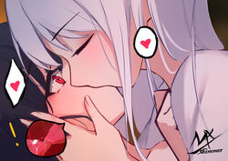  2girls angel_and_devil angel_girl_(shimmer) artist_name black-haired_demon_girl_(shimmer) black_hair blush closed_eyes commentary cross_section french_kiss from_side hand_up heart highres kissing long_hair multiple_girls original profile red_eyes shimmer shirt signature spoken_heart symbol-only_commentary white_hair white_shirt yuri 