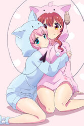  2girls blue_eyes blue_shorts blush breasts brown_eyes brown_hair chiyoda_momo closed_mouth commentary_request couple cuddling demon_girl demon_horns demon_tail happy head_on_chest highres horns hug large_breasts looking_at_viewer machikado_mazoku mukaibi_aoi multiple_girls pajamas panties pink_background pink_hair shorts simple_background smile tail underwear white_panties yoshida_yuuko_(machikado_mazoku) yuri 