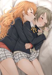  2girls absurdres bed black_jacket blazer blush brown_hair cardigan closed_eyes closed_mouth commentary_request highres hug hug_from_behind indoors jacket kitaku_(nakamachi_machi) konoe_kanata light_smile long_hair long_sleeves love_live! love_live!_nijigasaki_high_school_idol_club lying miniskirt multiple_girls nakasu_kasumi nijigasaki_school_uniform on_bed on_side orange_hair pleated_skirt ribbon school_uniform serafuku short_hair skirt sleeves_past_wrists spooning winter_uniform yellow_ribbon yuri 