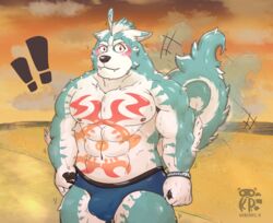  2021 abs anthro beach blush bodily_fluids canid canine canis clothing embarrassed fangs good_boy hi_res himbo krepht lifewonders looking_at_viewer male mammal muscular muscular_anthro muscular_male navel nipples oguchi_magami_(tas) seaside shy solo standing sweat tail tail_motion tailwag teeth tokyo_afterschool_summoners underwear wolf 