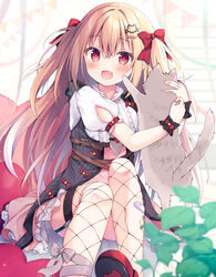  :d animal blurry blurry_background blurry_foreground blush bow brown_hair cat_hair_ornament commentary_request depth_of_field feet_out_of_frame feline female fishnet_thighhighs fishnets frilled_skirt frills hair_between_eyes hair_ornament hairbow hairclip heart high-waist_skirt highres izumiyuhina long_hair looking_at_viewer oerba_yun_fang original pennant pink_skirt plant pleated_skirt puffy_short_sleeves puffy_sleeves red_bow red_eyes red_footwear shirt shoe_soles shoes short_sleeves sitting skirt smile solo string_of_flags thighhighs two_side_up very_long_hair white_shirt 