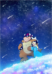  anthro blonde_hair blush bowser clothing dress duo female hair hand_holding hi_res horn human koopa male mammal mario_bros night nintendo red_eyes rosalina_(mario) scalie shooting_star sky smile star starry_sky super_mario_galaxy supercaterina 