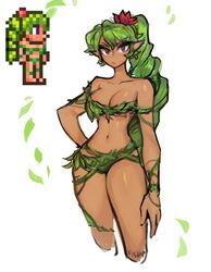  :/ absurdres bare_shoulders breasts collarbone commentary cowboy_shot cropped_legs dark-skinned_female dark_skin dryad dryad_(terraria) english_commentary female flower frown green_hair hair_flower hair_ornament hand_on_own_hip highres long_hair looking_at_viewer matilda_fiship medium_breasts navel pixel_art plant pointy_ears ponytail purple_eyes simple_background solo terraria v-shaped_eyebrows very_long_hair vines white_background 