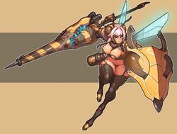  antennae arthropod_girl blue_eyes breasts cleavage commentary_request dark-skinned_female dark_skin female highres korean_commentary lance lancer_mina last_origin muhut multicolored_hair navel pink_hair polearm red_hair smile solo streaked_hair wasp_girl weapon wide_hips wings 