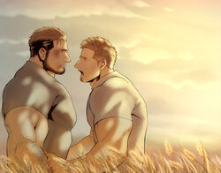  2boys arm_hair bara beard black_hair blonde_hair blush brown_eyes couple eye_contact facial_hair from_side goatee highres large_pectorals looking_at_another male_focus mature_male multiple_boys muscular muscular_male open_mouth original outdoors pectorals shirt short_hair shouting stubble sunlight sunset tarowo undercut upper_body white_shirt yaoi 