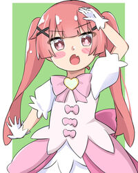  :o arm_up blush_stickers bow commentary_request dress female gloves green_background heart highres kapuru_0410 long_hair looking_at_viewer oerba_yun_fang open_mouth pink_bow pink_eyes pink_hair puffy_short_sleeves puffy_sleeves short_sleeves solo tanemura_koyori twintails two-tone_background very_long_hair watashi_ni_tenshi_ga_maiorita! white_background white_dress white_gloves 