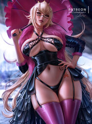  alternate_breast_size blonde_hair breasts breasts_apart commentary contrapposto cyberpunk_(series) cyberpunk_2077 cyborg english_commentary eyelashes feather_boa female garter_straps halterneck hand_on_own_hip highleg highleg_panties large_breasts leather lips lolliedrop looking_at_viewer mario mario_(series) nose panties parasol pink_thighhighs princess_peach revealing_clothes showgirl_skirt signature skindentation sleeves_pushed_up solo tattoo thighhighs umbrella underwear 