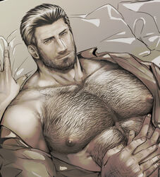  2boys abs bara bare_pectorals beard body_hair chest_hair couple facial_hair greyscale guided_pectoral_grab guiding_hand hairy hand_on_another&#039;s_stomach highres holding_hands large_pectorals looking_at_viewer male_focus mature_male monochrome multiple_boys muscular muscular_male nipples off_shoulder on_bed open_clothes open_shirt original pectoral_focus pectorals pov pov_hands short_hair smile solo_focus tarowo thick_chest_hair upper_body very_hairy yaoi 