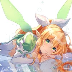  blonde_hair blush bow bracelet breasts character_name cleavage closed_mouth dated detached_sleeves fairy fairy_wings female green_eyes green_wings hair_between_eyes hairbow happy_birthday highres hozumi_rino jewelry leafa long_hair long_sleeves looking_at_viewer lying medium_breasts on_side pointy_ears ponytail reflection simple_background smile solo sword_art_online thigh_gap transparent_wings very_long_hair white_background white_bow white_legwear white_sleeves wings 