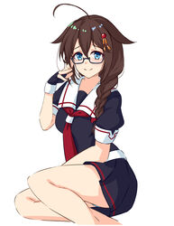  absurdres ahoge bespectacled black_gloves black_serafuku black_skirt blue_eyes braid brown_hair commentary_request female fingerless_gloves glasses gloves hair_flaps hair_ornament hair_over_shoulder highres kantai_collection looking_at_viewer neckerchief pleated_skirt red_neckerchief sailor_collar school_uniform serafuku shigure_(kancolle) shigure_kai_ni_(kancolle) simple_background single_braid sitting skirt solo umegae_ousuke white_background white_sailor_collar 