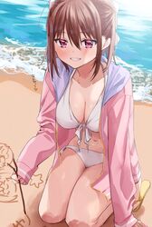  beach bikini blush bow breasts brown_hair chigusa_minori cleavage commentary female front-tie_bikini_top front-tie_top grin hairbow heart highres holding holding_stick jacket kneeling kokoro_iroduku_koi_ga_shitai long_sleeves looking_at_viewer medium_breasts medium_hair mole mole_on_neck momose_akari navel ocean open_clothes open_jacket outdoors pink_jacket purple_eyes sandals short_ponytail side-tie_bikini_bottom sidelocks smile solo stick swimsuit translated white_bikini writing yellow_footwear 