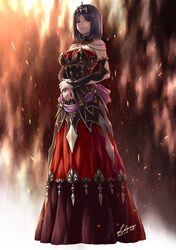  dress fantasy female fire greek_mythology grey_hair hera_(mythology) highres lioreo looking_down original parted_bangs red_dress solo 