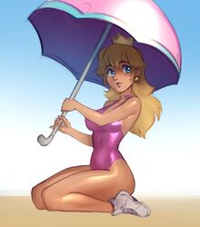  alternate_breast_size alternate_costume blonde_hair blue_eyes breasts casual_one-piece_swimsuit commentary covered_navel crown earrings english_commentary female full_body holding holding_umbrella jewelry kneeling long_hair looking_at_viewer mario_(series) medium_hair one-piece_swimsuit parted_lips pink_one-piece_swimsuit princess_peach psuede shoes smile sneakers solo swimsuit umbrella 