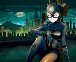  animal_ears batman_(series) blonde_hair blue_eyes bodysuit breasts cat_ears catsuit catwoman city closed_mouth dc_comics fake_animal_ears feline female gloves looking_at_viewer mask skin_tight smile solo takemaru08 