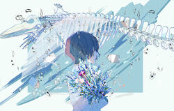  absurdres air_bubble animal_skull black_hair blue_background book bouquet bubble closed_mouth commentary_request female from_side hagimorijia hair_over_eyes highres holding holding_bouquet original profile short_hair skeleton solo two-tone_background upper_body 