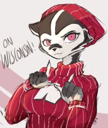  anthro avoid_posting badger beanie bucky_badger clothed clothing college_football female fur hat headgear headwear hi_res kugi mammal mascot mustelid musteline ncaa simple_background smile solo university_of_wisconsin wisconsin_badgers 