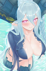  +_+ absurdres blue_hair blush breasts cleavage collarbone commentary dragon_horns fate/grand_order fate/grand_order_arcade fate_(series) female from_above hair_between_eyes highres horns in_water large_breasts larva_tiamat_(fate) larva_tiamat_(third_ascension)_(fate) looking_at_viewer pink_eyes pointy_ears revealing_clothes solo stomach_tattoo tattoo thighhighs tiamat_(fate) water wennananyan 