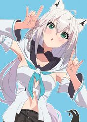  :o ahoge animal_ear_fluff animal_ears black_shorts blue_background blue_neckerchief blush braid breasts detached_sleeves female fox_ears fox_girl fox_shadow_puppet fox_tail green_eyes hands_up head_tilt highres hololive long_hair looking_at_viewer neckerchief no_navel outline panda_0035 sailor_collar shirakami_fubuki shirakami_fubuki_(1st_costume) shirt shorts simple_background single_braid sleeveless sleeveless_shirt small_breasts solo tail upper_body virtual_youtuber white_hair white_outline white_shirt 