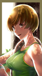  breasts brown_eyes brown_hair commentary_request covered_nipples dated female gentle_sasaki green_shirt highres looking_at_viewer no_bra persona persona_4 satonaka_chie shirt short_hair signature solo sweat tank_top towel tree wristband 