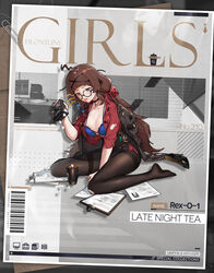  ahoge artist_request black_choker black_footwear black_jacket black_pantyhose black_skirt blue_bra blush bra bra_strap braid breasts brown_hair character_name choker cleavage coffee_mug collarbone copyright_name cup english_commentary english_text female formal full_body girls&#039;_frontline glasses hair_ornament hairclip hand_on_floor high_heels highres holding id_card jacket jacket_on_shoulders jewelry long_hair looking_down low_twintails medium_breasts mug necklace no_shoes notepad office_lady official_alternate_costume official_art on_floor open_clothes open_mouth open_shirt pantyhose paper promotional_art red_eyes red_shirt rex_zero_1_(girls&#039;_frontline) rex_zero_1_(late_night_tea)_(girls&#039;_frontline) shirt shoes skirt skirt_suit solo sugar_cube suit thighs tongue tongue_out torn_clothes torn_jacket torn_pantyhose torn_shirt twintails underwear unworn_shoes 