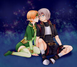  1boy armor armored_boots black_footwear black_gloves black_shirt blue_eyes blush boots breastplate brown_hair capelet commentary_request couple elf female fingerless_gloves gensou_suikoden gensou_suikoden_iv gloves green_capelet green_eyes green_footwear green_legwear green_shirt green_skirt ham_pon highres imminent_kiss lazlo_(suikoden) long_sleeves looking_at_another orange_hair paula_(suikoden) pointy_ears shirt short_hair short_sleeves sitting skirt steel-toe_boots straight thighhighs 