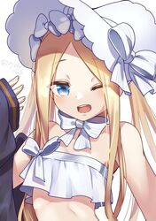  abigail_williams_(fate) abigail_williams_(swimsuit_foreigner)_(fate) abigail_williams_(swimsuit_foreigner)_(third_ascension)_(fate) bare_shoulders bikini black_jacket blonde_hair blue_eyes blush bonnet bow breasts fate/grand_order fate_(series) female jacket long_hair one_eye_closed open_mouth parted_bangs ryofuhiko simple_background small_breasts smile solo strapless strapless_bikini swimsuit unworn_clothes upper_body white_background white_bikini white_bow white_headwear 