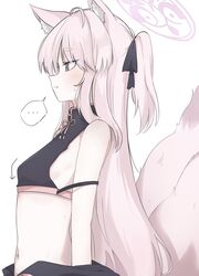  ... animal_ear_fluff animal_ears arrow_(symbol) black_ribbon blue_archive blush crop_top female flat_chest fox_ears fox_girl fox_tail from_side grey_eyes hair_ribbon halo highres kuzunoha_(blue_archive) long_hair midriff navel parted_lips pink_hair pink_tail preste ribbon simple_background sleeveless solo spoken_ellipsis strap_slip sweat tail upper_body white_background 