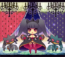  alternate_color banette black_panties breasts chandelier checkered_background chibi choker cleavage commentary_request creature_and_personification curtains d_(pixiv544157) dot_nose dress eyelashes female flower garter_straps grey_dress grey_hair grin large_breasts looking_at_viewer mega_banette mega_pokemon nail_polish panties parted_lips personification pink_eyes pink_thighhighs pokemon pokemon_(creature) puffy_short_sleeves puffy_sleeves rose scar scar_on_breasts shiny_and_normal shiny_pokemon short_sleeves slit_pupils smile standing symmetry thighhighs underwear zipper zipper_pull_tab 