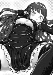  absurdres ao_daidai_ki arm_up assault_lily blush breasts buttons closed_mouth commentary_request cropped_jacket female from_below greyscale hair_spread_out halftone high-waist_skirt highres juliet_sleeves knee_up leg_ribbon long_hair long_sleeves looking_at_viewer lying medium_breasts miniskirt monochrome on_back puffy_sleeves raised_eyebrows ribbon school_uniform shirai_yuyu shirt skirt solo spread_legs thigh_ribbon thighhighs very_long_hair wavy_mouth white_background yurigaoka_girls_academy_school_uniform zettai_ryouiki 