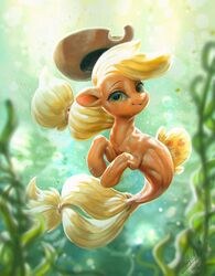  2020 applejack_(mlp) assasinmonkey clothing digital_media_(artwork) digital_painting_(artwork) equid equine european_mythology eyebrows eyelashes female feral fish friendship_is_magic greek_mythology green_eyes hasbro hat headgear headwear hi_res hippocampus horse looking_at_viewer mammal marine my_little_pony mythology pony seaweed signature solo 