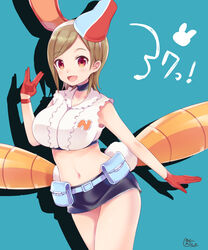  :d animal_ears black_choker black_skirt breasts brown_hair choker commentary_request crop_top densha_otoko eyelashes fake_animal_ears fake_tail female getsumento_heiki_miina gloves hair_ornament hairband happy highres large_breasts light_blush looking_at_viewer midriff miyano_ururu navel open_mouth rabbit_ears rabbit_tail red_eyes red_gloves short_hair signature simple_background skirt smile solo standing tail tsukishiro_mina v 