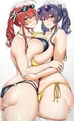  2girls amano_don ass asymmetrical_docking aviator_sunglasses azur_lane bikini black_bikini breast_press breasts bursting_ass butt_crack curvy eyewear_on_head from_side goggles highleg highleg_bikini highres hug huge_ass huge_breasts incest multi-strapped_bikini_bottom multiple_girls o-ring o-ring_bikini official_alternate_costume plump pola_(azur_lane) pola_(seaside_coincidence)_(azur_lane) red_hair siblings side-tie_bikini_bottom side_ponytail simple_background sisters skindentation standing sunglasses swimsuit thick_thighs thighhighs thighs tight_clothes undersized_clothes white_background yellow_bikini yellow_eyes yuri zara_(azur_lane) zara_(poolside_coincidence)_(azur_lane) 